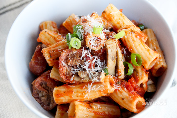 Here's an easy, budget-friendly recipe to make for dinner! Celebrate #bratsgiving with this recipe idea using rigatoni pasta, veggies, and grilled brats!