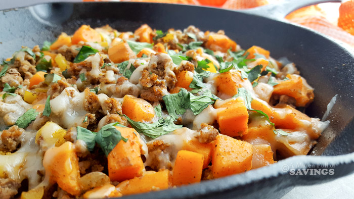 This Ground Turkey Sweet Potato Skillet is a great hearty meal that your family is going to devour in minutes!  If you are looking for easy meals under 30 minutes, this one is going to be a favorite.  Not only is it full of flavor, but it is super affordable for those in need of satisfying frugal meals.