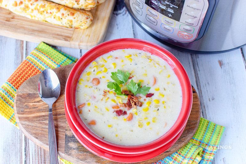 Cooler temperatures mean it is time to indulge in one of our favorite Instant Pot recipes.  This Corn Chowder Soup Recipe is super simple and full of flavor.  Any soup that is ready in minutes is going to be a favorite for this busy mom. Check out our recipe below and serve this alongside your favorite sandwich or by itself with some crusty bread!