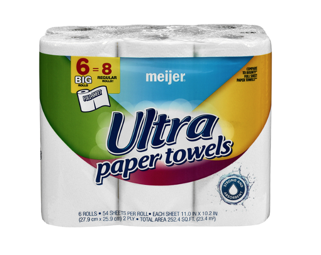 Meijer Ultra Paper Towels, 6 big rolls- $3.99